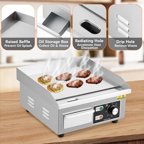 Commercial Electric Griddle 14 Inch, 110V 1500W Stainless Steel Flat Top Grill with Adjustable Temp Control 122°F-572°F, Includes Spatula & Scraper for Restaurant, Home, Outdoor Use - Image 4