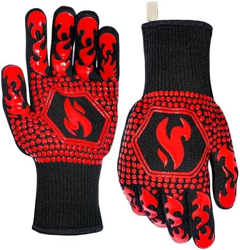 QUWIN BBQ Gloves, BBQ Accessories 1472℉ Extreme Heat Resistant, Grilling Gloves Silicone Non-Slip Oven Mitts, Kitchen Gloves for BBQ, Grilling, Cooking, Baking-1 Pair… (One Size Fits Most, Red) by QUWIN