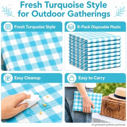 Turquoise Blue Gingham Tablecloth 8 Pack, Disposable Plastic 54 x 108 Inch - Image 3