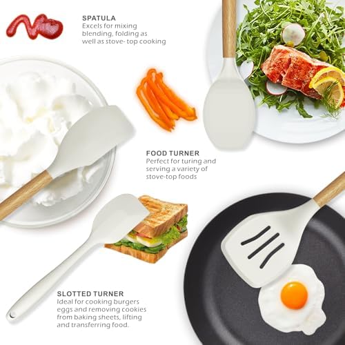oannao Silicone Cooking Utensils Set - 446°F Heat Resistant Silicone Kitchen Utensils for Cooking,Kitchen Utensil Spatula Set w Wooden Handles for Non-Stick Cookware, BPA FREE (Cream White) - Image 3