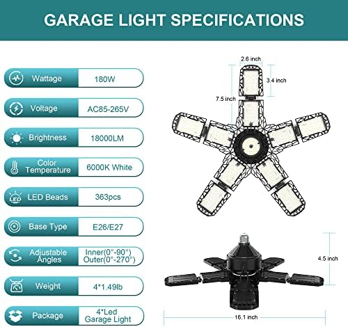 Nexillumi 4-Pack Led Garage Light 180W, 36000LM LED Shop Lights with E26/E27 Medium Base, 6000K Deformable Garage Lights Ceiling LED with 10+1 Adjustable Panels for Garage, Workshop, Attic, Basemen - Image 6