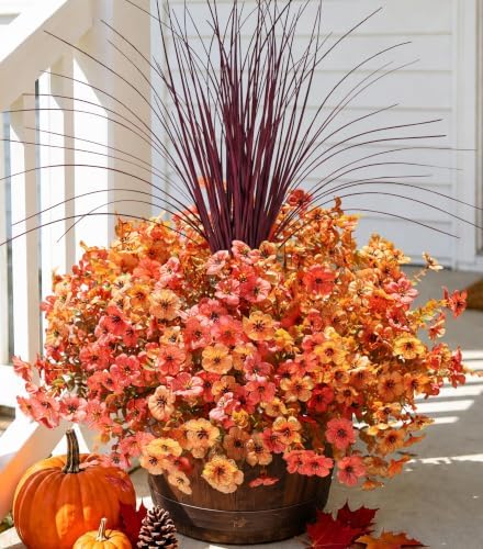 Fall Flowers Artificial Mums for Outdoors Autumn Decor, 12 Bundles Fake Fall Mums with 1 pcs Burgundy Grass UV Resistant Realistic Faux Flowers for Outside Home Porch Patio Planter Yard, Orange Yellow by florisso