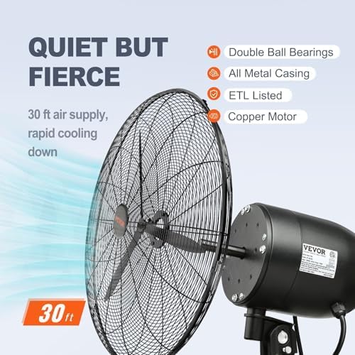 VEVOR 24 Inch 3-Speed 7000 CFM Black Waterproof Wall Mount Oscillating Fan - Image 6