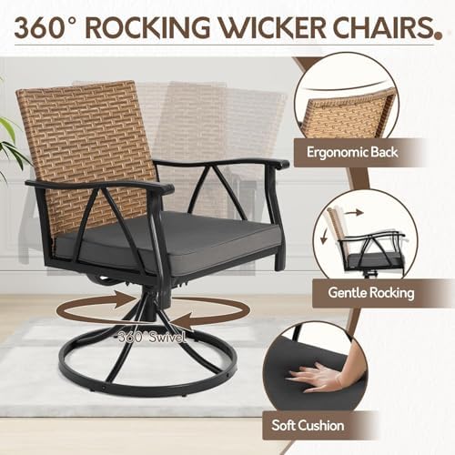 5-Piece Patio Dining Set for 4，Outdoor Dining Set with Wicker Swivel Patio Dining Chairs with Cushions & 1 Black Square Woodgrain Dining Table with 1.75”Market Umbrella Hole, Black & Brown - Image 4
