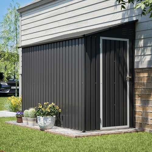 YOPTO 4x8 FT Lean to Outdoor Storage Shed,Metal Shed W/Floor Frame & Reversible Installation,All Weather Waterproof Garden Tool House W/Lockable Door & 2 Air Vents,for Backyard,Patio,Lawn,Black - Image 4