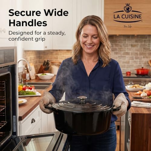 La Cuisine Enameled Cast Iron Oval Dutch Oven Casserole Pot with Lid 6.75 QT Internal Matte Black Enamel Coating for bread baking, GlassTop Oven-Safe 550°F/276°C, Glossy Black - Image 5