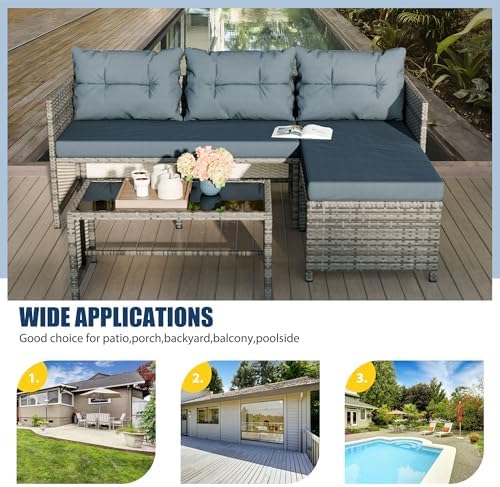 Vongrasig 3 Pieces Patio Furniture Sets, All-Weather Wicker Outdoor Sofa Couch Sectional Set, Small Conversation Set for Patio, Garden w/Cushion, Glass Table, Blue - Image 6