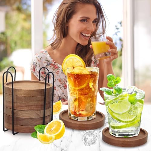 Acacia Wood Coasters Set of 8 Bar Accessories Table Decor Wooden Coaster - Image 2