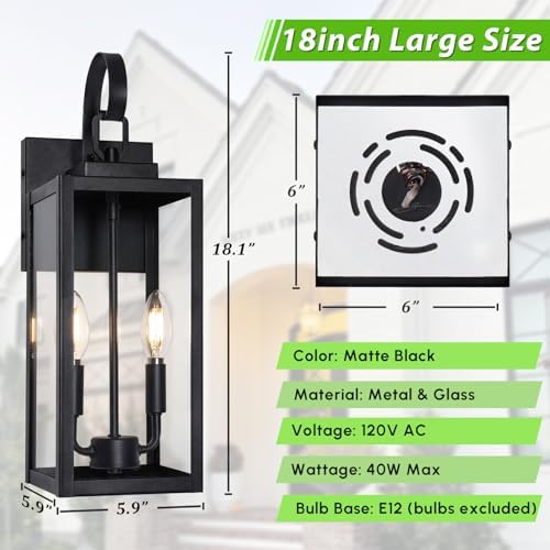 BesLowe 18" Large Outdoor Wall Light, 2-Light Black Exterior Sconce - Image 5