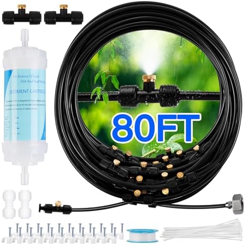 Misters for Outside Patio with Water Filter - 80Ft(24.5M) Misting System Line 30 Brass Mist Nozzles Brass Adapter(3/4") Patio Misters for Cooling Outdoor Greenhouse Backyard Porch Garden Party Pool by Rafow