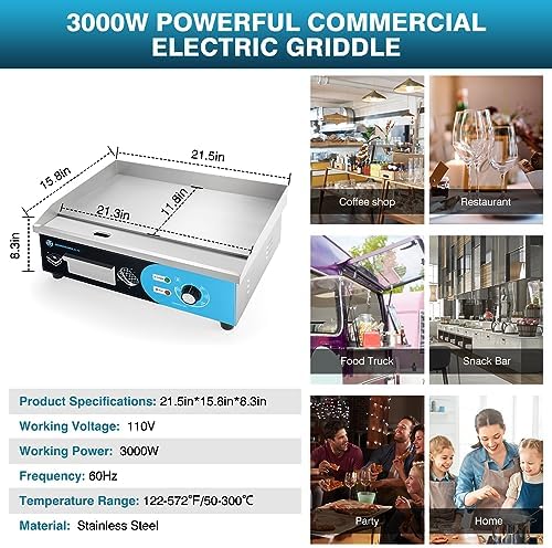 IRONWALLS Commercial Griddle Electric 22”, 3000W Electric Flat Top Grill, Stainless Steel Countertop Electric Griddle Nonstick with 122~572℉Adjustable Temperature Control for Restaurant Kitchen - Image 2
