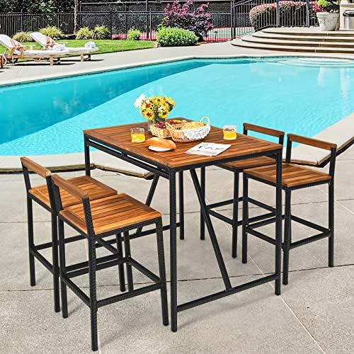 HAPPYGRILL 5 Pieces Patio Bar Table Set with Umbrella Hole Acacia Wood High-Dining Bistro Set with 4 Bar Stool, PE Wicker Outdoor Bar Set - Image 2