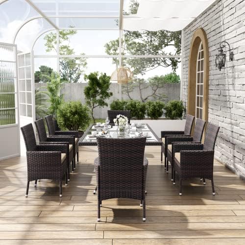 ALAULM 10 Piece Outdoor Patio Dining Set for 8 All-Weather Wicker Patio Furniture Set w/Tempered Glass Tabletop, Removable Cushions and Umbrella Hole for Patio, Backyard, Garden, Poolside (Brown) - Image 6