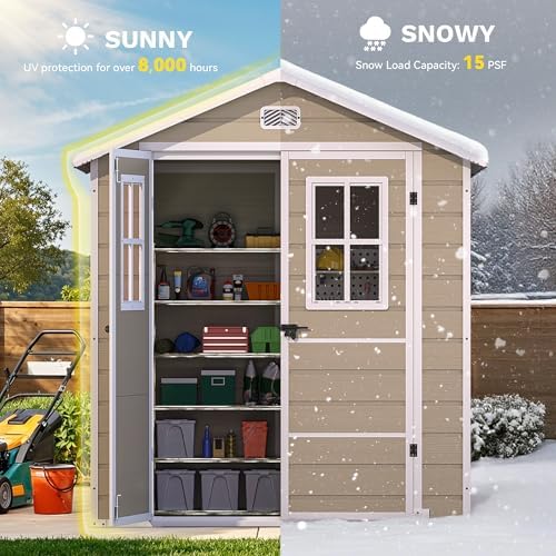 DWVO 6x4.4 FT Outdoor Storage Shed, Plastic Garden Tool Shed with 2 Windows, Double-Wall Outside Shed for Lawn Mower, Garden Tool for Backyard, Patio, Lockable, Beige - Image 5