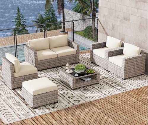 LOUVIXA 7 Piece Outdoor Patio Furniture Set, Rattan Chairs Glass Table Wicker Conversation Seating Sectional Sofa with Cushions (Grey White-Beige, 7Pcs-2 Layer Coffee Table) - Image 4