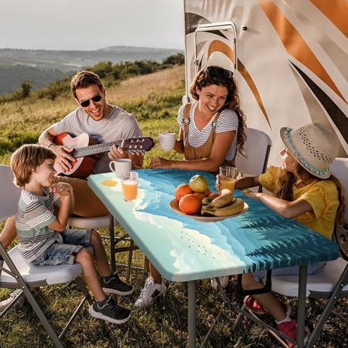 Picnic Table Cover with Bench Covers and Bag, Forest Mountain Sunset Camping Tablecloth, Waterproof Windproof Oilproof Elastic Edges Fitted Tables Cover for Indoor Outdoor 3PCS 30x96 Inch (Green) - Image 2