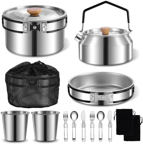 12pcs Outdoor Camping Cookware Kit, Lightweight Stainless Steel Kettle, Non-Stick Pot and pan, with Fork Spoon Kits Suitable for picnics and Backpacking Trips by Unknown