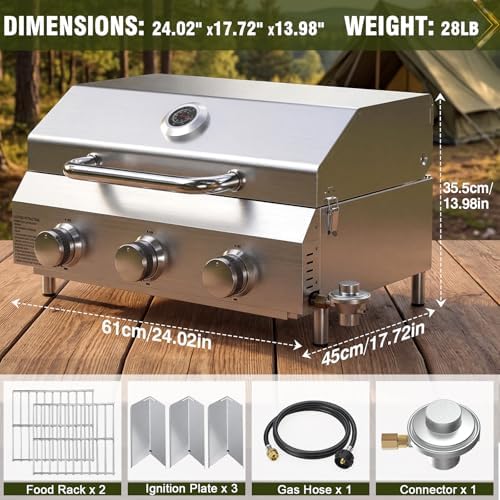 Bestfire 3-Burner Tabletop Gas Grill, Dual Connections, 30,000 BTU Portable Propane Grill, Knobs&Stainless Steel Grates, Compact & Detachable Legs for Camping, RV, BBQ - Image 5