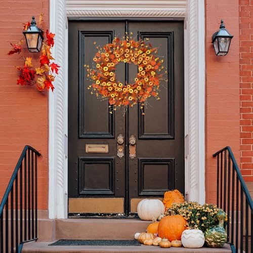 Sggvecsy Fall Wreath 24'' Autumn Harvest Daisy Wreath with Orange Eucalyptus Foam Leaves Grain Daisies Berries for Outside Indoor Home Wall Festival Thanksgiving Decor - Image 3