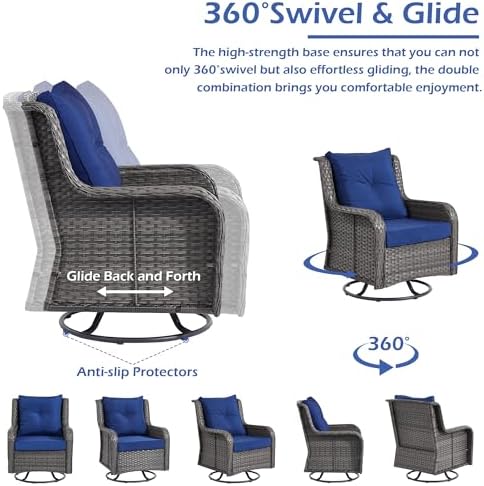 Wumiokio Patio Furniture Sets, 3 Pieces Wicker Outdoor Furniture - 360 Degree Swivel Rocking Chairs and Rattan Side Table for Garden,Porch,Backyard (Grey Wicker/Blue Cushion, 3PCS - Swivel Chairs) - Image 4