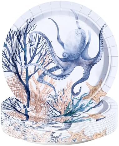 WRAPAHOLIC 25Pcs Ocean Paper Plates - 9 Inch Octopuses and Aquatic Plants Disposable Plates Decorative Dinner Plates for Party Tableware Supplies Table Decor by WRAPAHOLIC