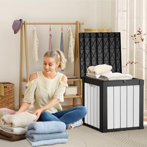 ROJIK Outdoor Storage Housing Deck Box - Waterproof Patio Furniture, Garden Tools, Cushions, Pool Accessories Storage Bench with Lockable Lid and Side Handles (Black & Whiter, 50 Gal) - Image 7