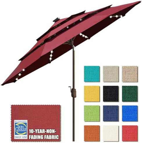 EliteShade USA 10-Year-Non-Fading 9ft 3-Tier Market Patio Umbrella, Commercial Table Umbrella with 80 Solar LED Lights, Crank Open, Windproof & UPF 50+ UV Protection for Garden, Deck, Pool, Backyard, Burgundy by EliteShade