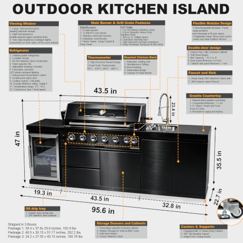 95.6" 6-Burner Modular Outdoor Kitchen Island, 85,000 BTU Propane Gas Grill - Image 2