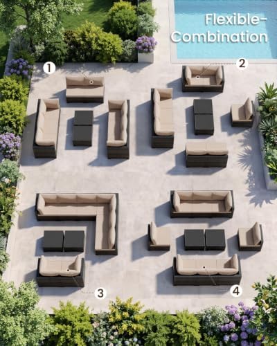 Patio Furniture Set - All-Weather - 10 Piece Patio Outdoor Conversation Set, Modular Wicker Rattan Sectional Sofa for Backyard, Garden, Poolside, Balcony, Porch, Patio, Brown/Khaki - Image 7