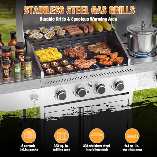 Electactic Stainless Steel 4-Burner Gas Grill with Side Burner – 42000BTU Propane BBQ Grill with Thermometer, Heavy-Duty Grill for Outdoor Patio and Backyard Cooking - Image 3