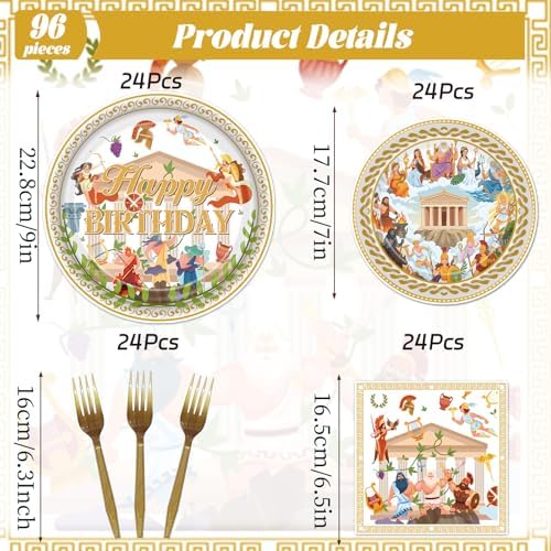 Gameza Greek Mythology Birthday Tableware Decor, 96PCS Greek Disposable Paper Plates and Napkins Party Decorations, Ancient Greece Goddess Forks Themed Decor Serves 24 - Image 2