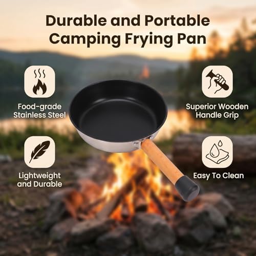 Camping Skillet, Portable Stainless Steel Frying Pan with Wooden Handle for Outdoor Cooking, Compact Size 20x35.5cm, Lightweight and Easy to Clean (Wooden Handle Frying Pan) - Image 5