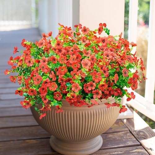 Daisy Artificial Flowers for Outdoors Decor, 12 Bundles Faux Daisy with Eucalyptus Fake Plants Greenery UV Resistant Look Real Colorful Faux Flowers for Outside Planter Porch Patio Yard Gardens, Red - Image 3