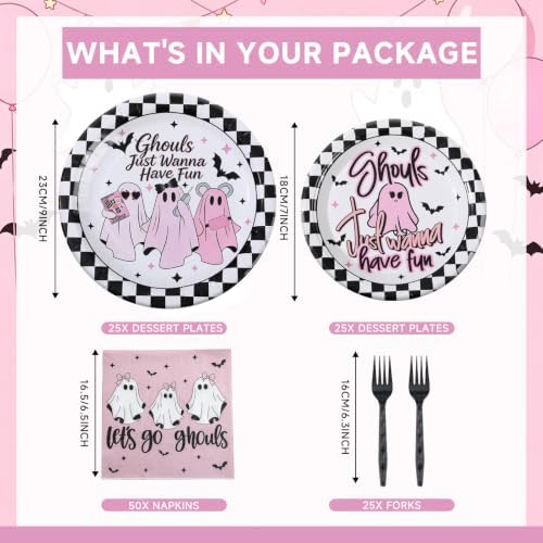 125 Pcs Halloween Girls Night Decorations Tableware Ghouls Night Supplies | Ghouls Just Wanna Have Fun Birthday Party Decor, Pink Ghost Girly Bachelorette Disposable Plates & Napkins for 25 Guests - Image 2