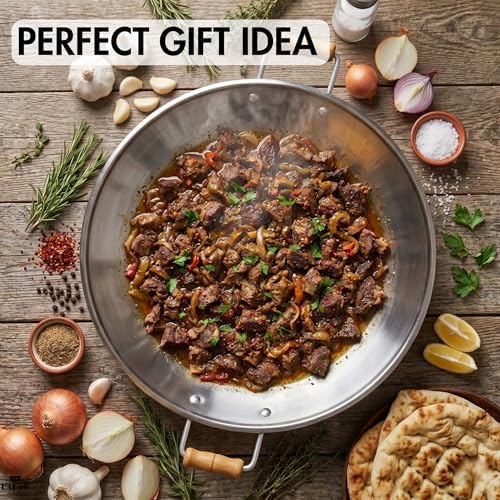 Hakan Stainless Steel Sauté Pan | Frying Pan with Wooden Handles | Barbeque Plate, Wide Shallow Cooking Pan for Stir Fry, Outdoor Cooking BBQ Cookware Pan, Skillet (Small 15.7 in) - Image 3