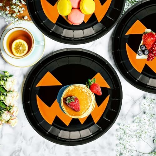 50Pcs Halloween Party Supplies Halloween Paper Plate 7Inch Pumpkin Plates Fall Pumpkin Monster Paper Plates for Haunted House Themed Black Orange Fall Birthday Party Decorations (Black) - Image 7