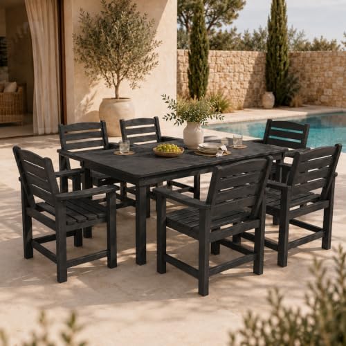 7 Pcs Outdoor Patio Dining Set, HDPE Table & Chairs with Umbrella Hole - Image 4