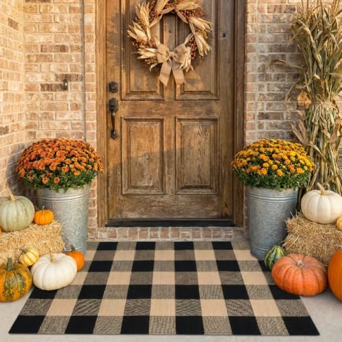 SEEKSEE Fall Decor Buffalo Plaid Outdoor Rug 27.5x43 Coffee and Black Front Door Mat, Layering Rug for Porch, Washable Doormat, Front Porch Rug for Outdoor Entrance Entryway Patio Porch Decor - Image 3