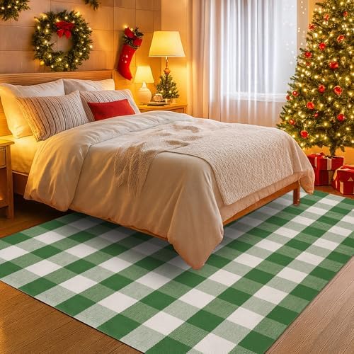 Christmas Green & White Plaid Rug - 4' x 6' Outdoor Front Door Decor Mat Cotton Washable Hand-Woven Rug Christmas New Year Holiday Porch Entryway Layered Doormat - Image 6