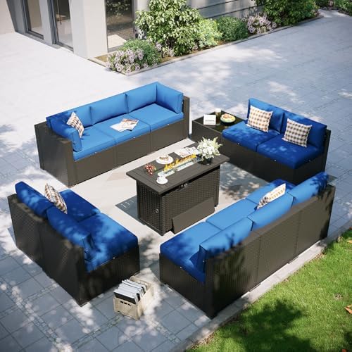 Aoxun Patio Furniture Set with Fire Pit Table, 12 Piece Outdoor Sectional Set, 10 Seats Wicker Rattan Outdoor Furniture with Thickened Cushion for Backyard, Garden Navy Blue by Aoxun