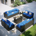 Aoxun Patio Furniture Set with Fire Pit Table, 12 Piece Outdoor Sectional Set, 10 Seats Wicker Rattan Outdoor Furniture with Thickened Cushion for Backyard, Garden Navy Blue by Aoxun