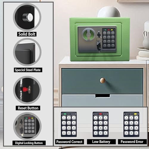 Yuanshikj Small Steel Security Safe Box with Keypad,Key;0.23 Cu Ft, Green - Image 2