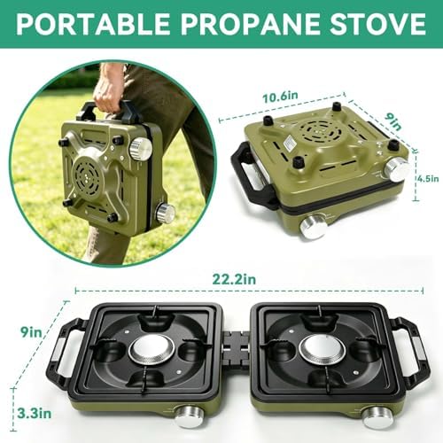 2 Burner Portable Camp Stove, 24000 BTU Propane Camping Stove with Windshield, Folding Gas Stove with Carry Bag, Compact Camping Essentials Gear for BBQ, Picnic, Outdoor Cooking, Grilling, Green - Image 4
