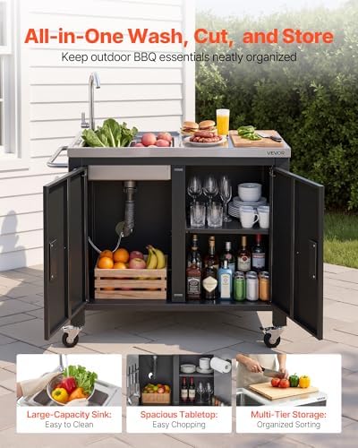 VEVOR Outdoor Grill Cart with Sink and Storage Cabinet, 38 Inch Grill Table, Waterproof Kitchen Island with Stainless Steel Top, Spice Rack, Wheel, Movable Food Prep Station for Patio Bar Backyard BBQ - Image 3