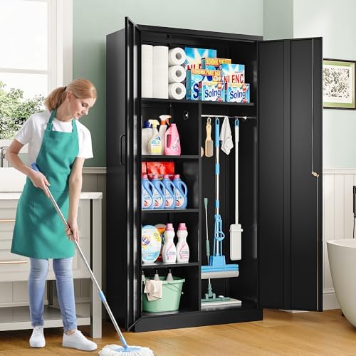 Wide & Deep Metal Storage Cabinet with Hanging Rod,Black Broom Closet Storage Cabinet with Lock,72" Tall Wardrobe Cabinets with Doors and Shelves,Locking Steel Tool Cabinets for Home,Office,Garage - Image 2