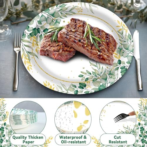 Qyeahkj 50 PCS Sage Green Oval Paper Plates Large 11” Disposable Eucalyptus Party Decorations Sage Green Supplies Favor for Holiday Bridal Shower Party Tableware Set - Image 3