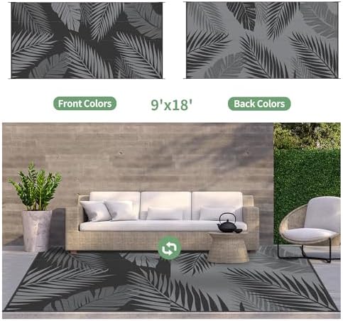 GENIMO Outdoor Rug, Waterproof Plastic Rugs 9'x18' for Camping Black Grey - Image 2