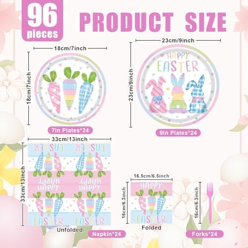 96 Pieces Happy Easter Party Tableware Set – Bunny & Carrot Pastel Design Disposable Plates, Napkins, and Pink Forks for Egg Hunt, Spring Classroom Event, or Holiday Celebration - Image 2