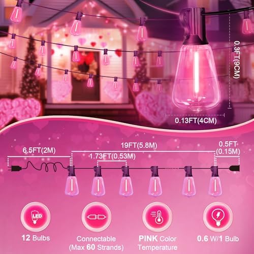 LAMPHOME 2-Pack 26Ft ST38 Pink Valentine's Day Patio Lights ，Outdoor String Lights with 12+1 ST38 Edison Bulbs, Shatterproof LED Lights for Outside Bistro Christmas Wedding Party Decorations - Image 5