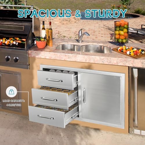 Outdoor Kitchen Door Drawer Combo Cabinet,38.1W x 22.6H x 20.8D Stainless Steel with Handles,Triple Drawers & BBQ Access Combo for Outdoor Kitchen Island (Drawer with Handle and Right Door Combo) - Image 4